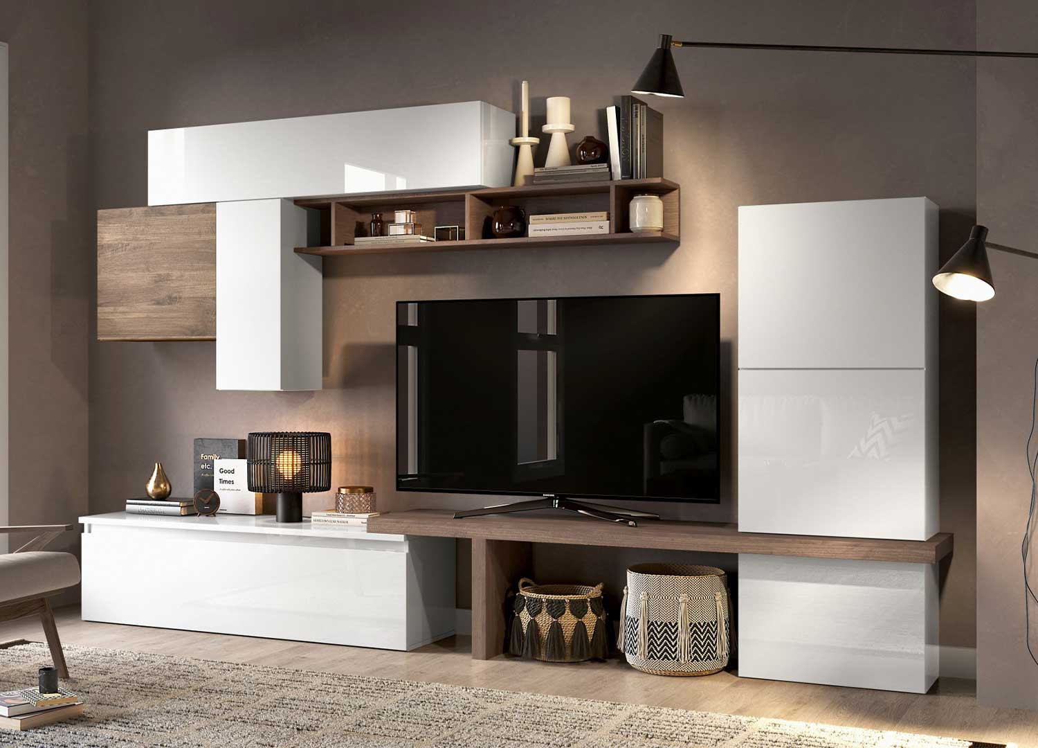 Ensemble meubles tv blanc brillant et chêne foncé
