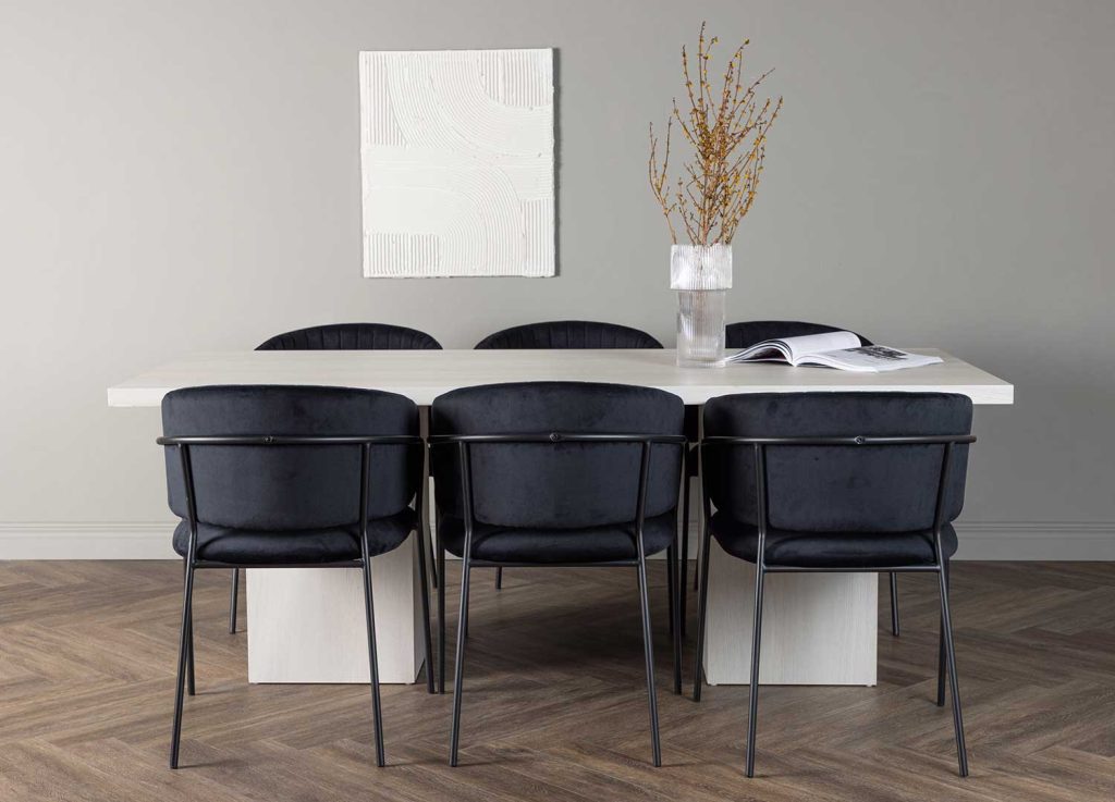 Ensemble table à manger blanche OLGA et 6 chaises noires SELMA