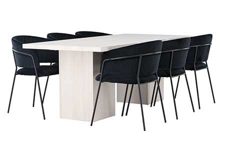 Ensemble table à manger blanche OLGA et 6 chaises noires SELMA
