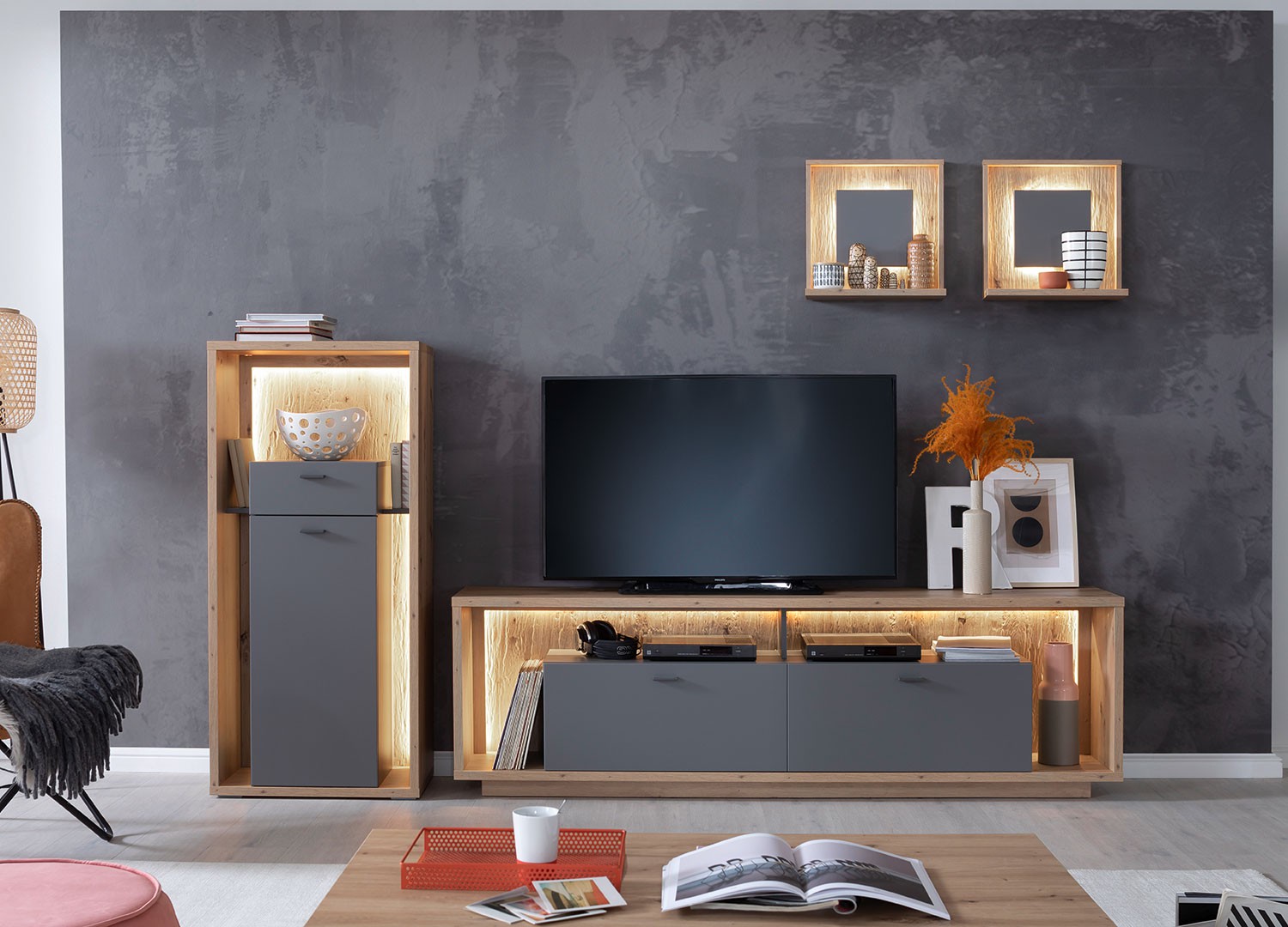 Ensemble TV design gris et chêne poutre