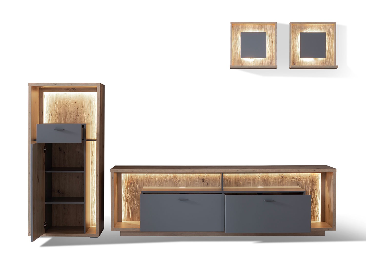 Ensemble TV design gris et chêne poutre