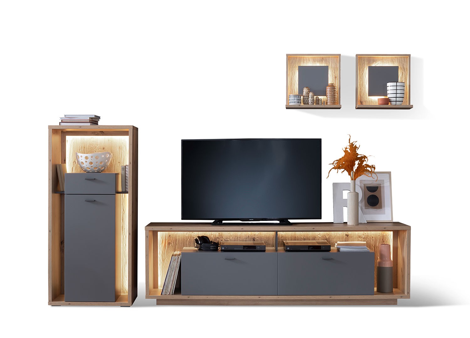 Ensemble TV design gris et chêne poutre