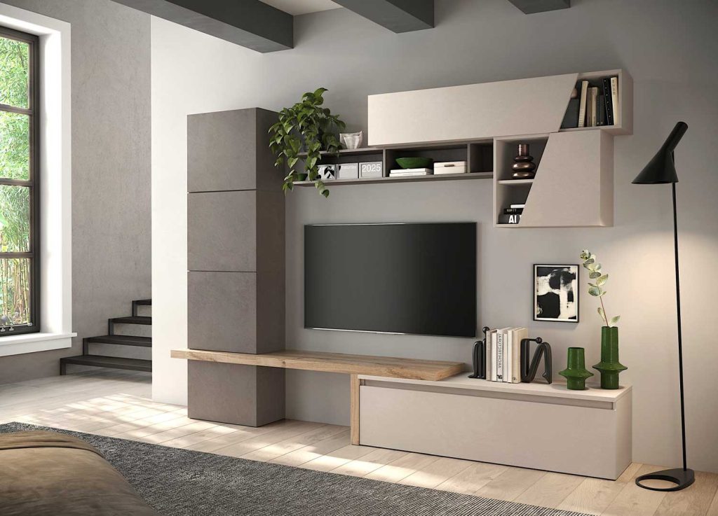Ensemble TV moderne chêne cadiz, bronze et cachemire  Eloa