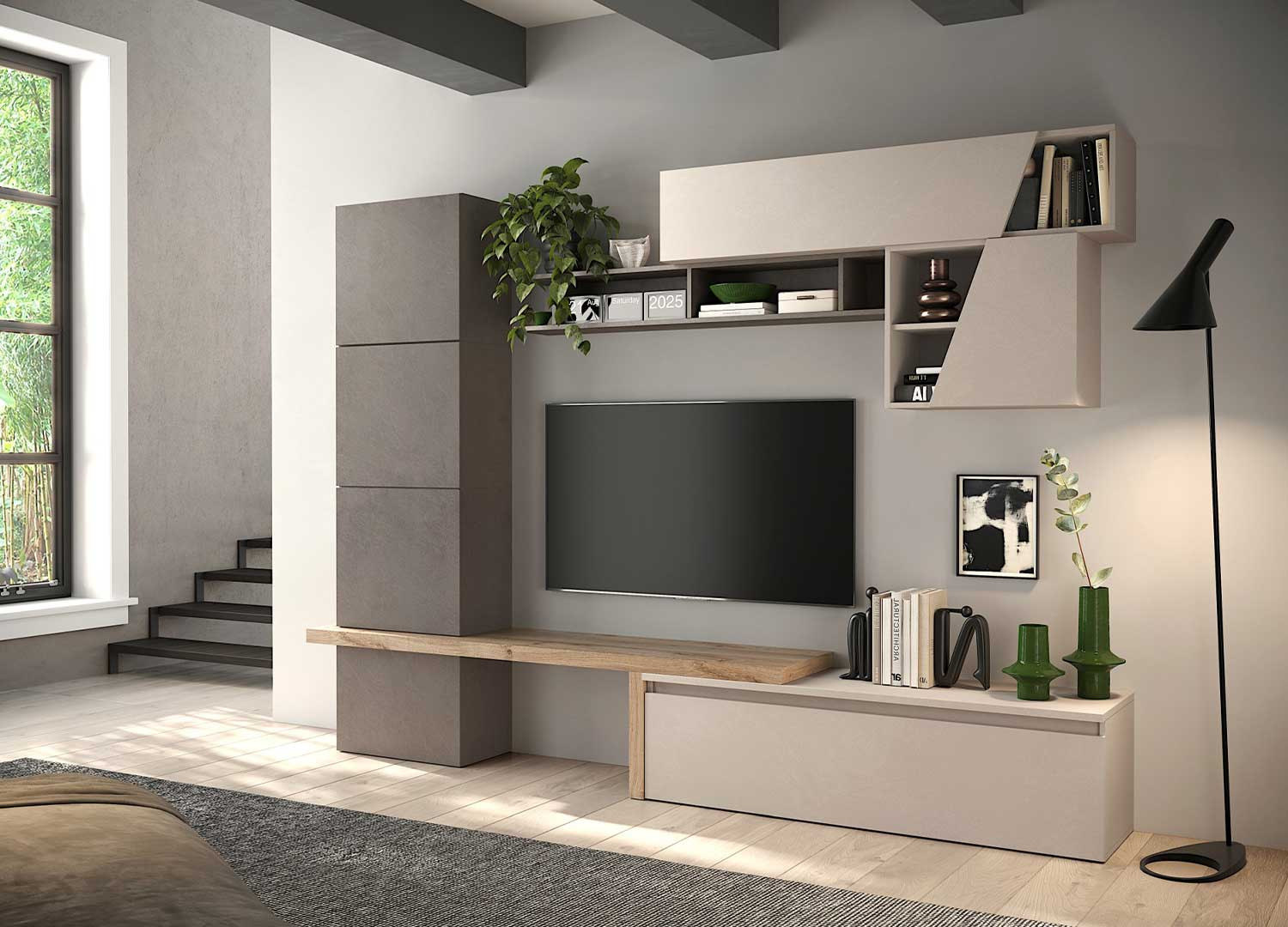 Ensemble TV moderne chêne cadiz, bronze et cachemire Eloa