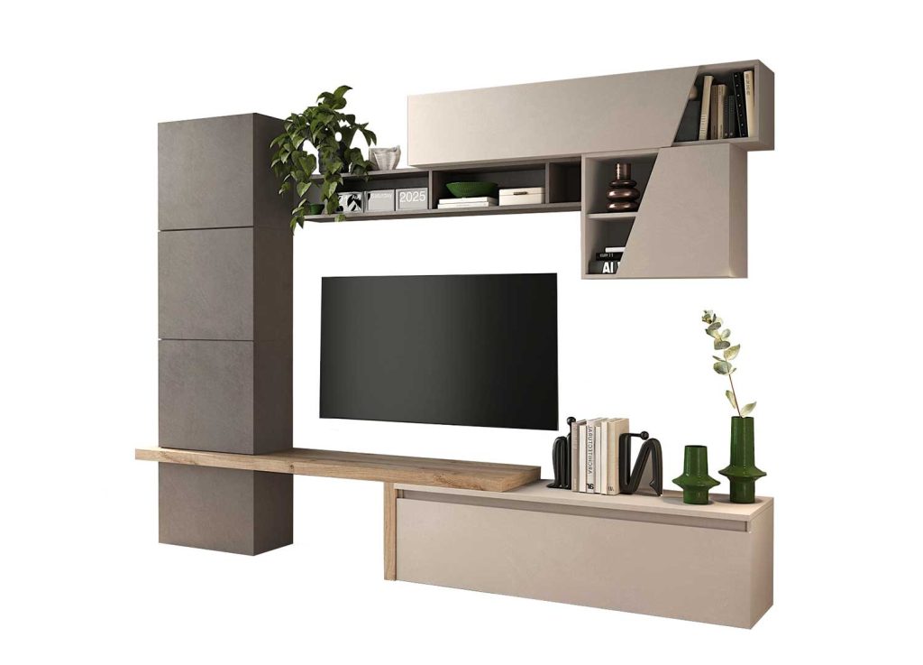Ensemble TV moderne chêne cadiz, bronze et cachemire Eloa