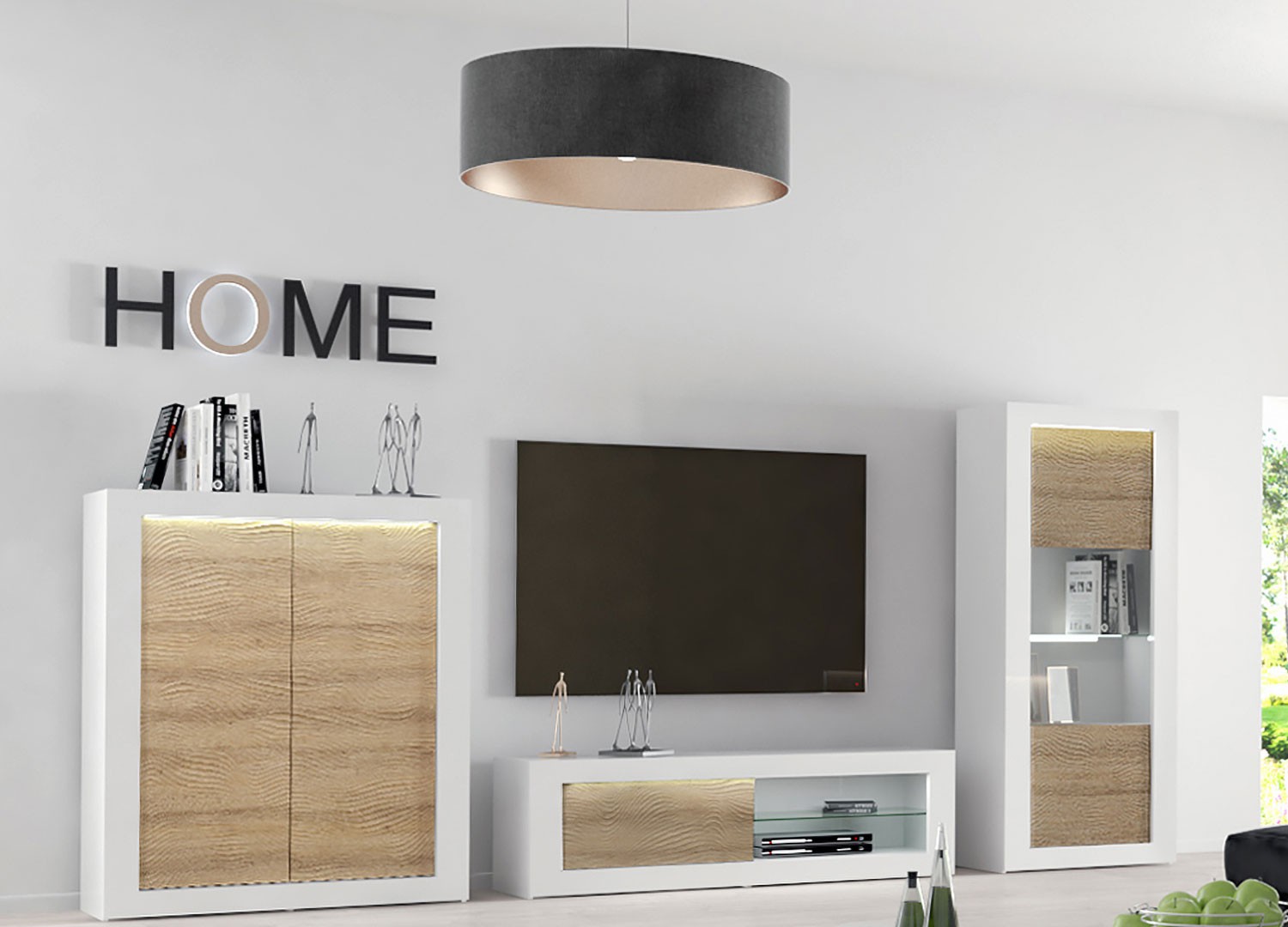 Ensemble tv mural design blanc et bois à led