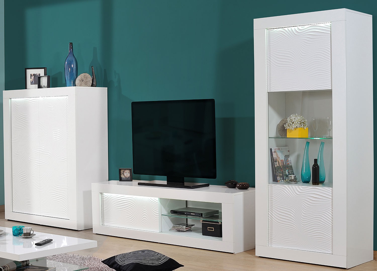 Ensemble tv mural design blanc laqué à led