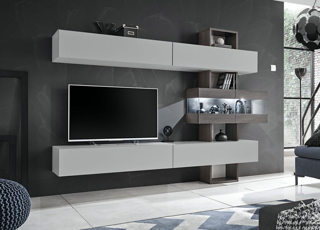 Ensemble tv mural suspendu gris perle et chêne graphite