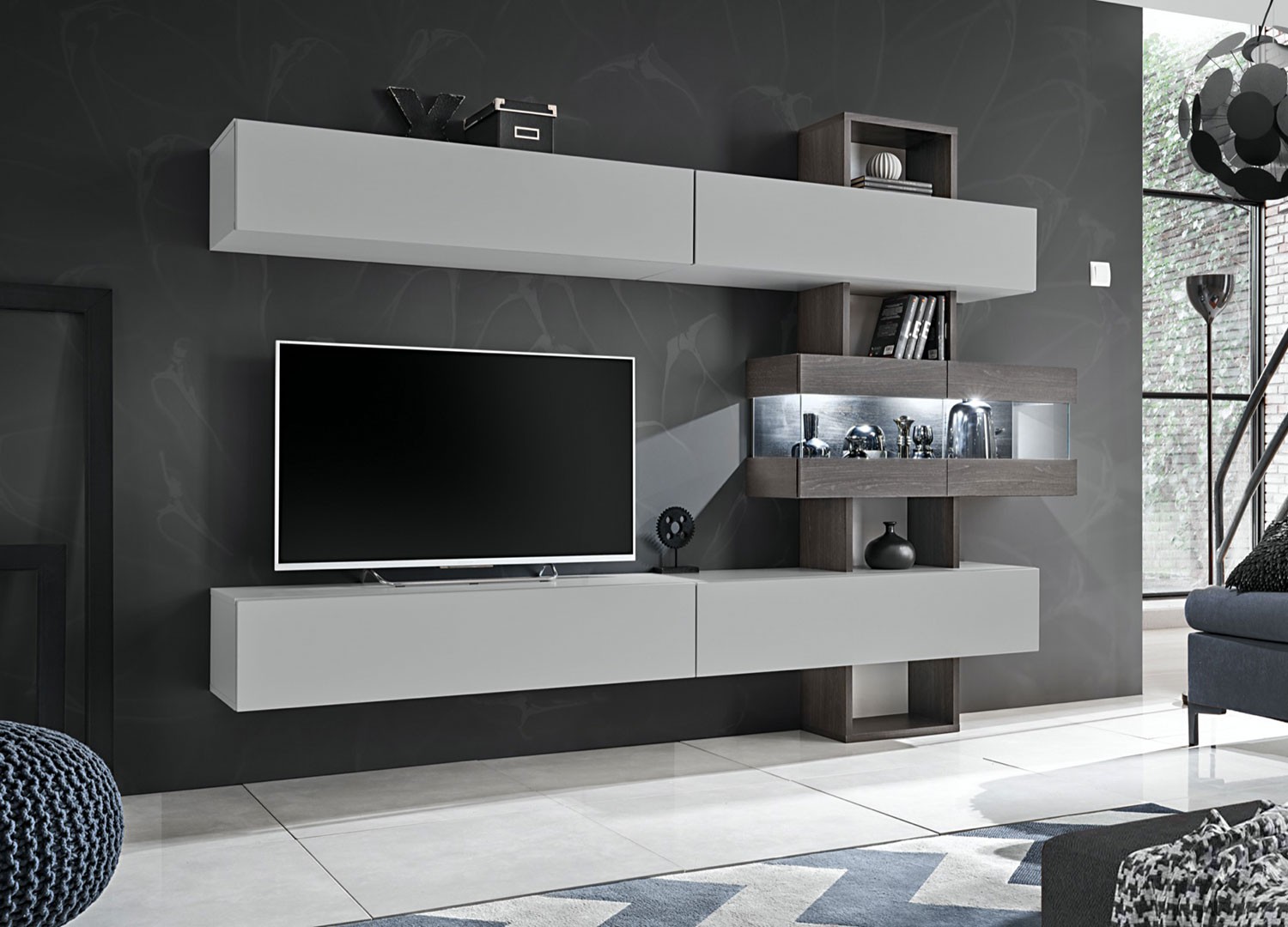 Ensemble tv mural suspendu gris perle et chêne graphite