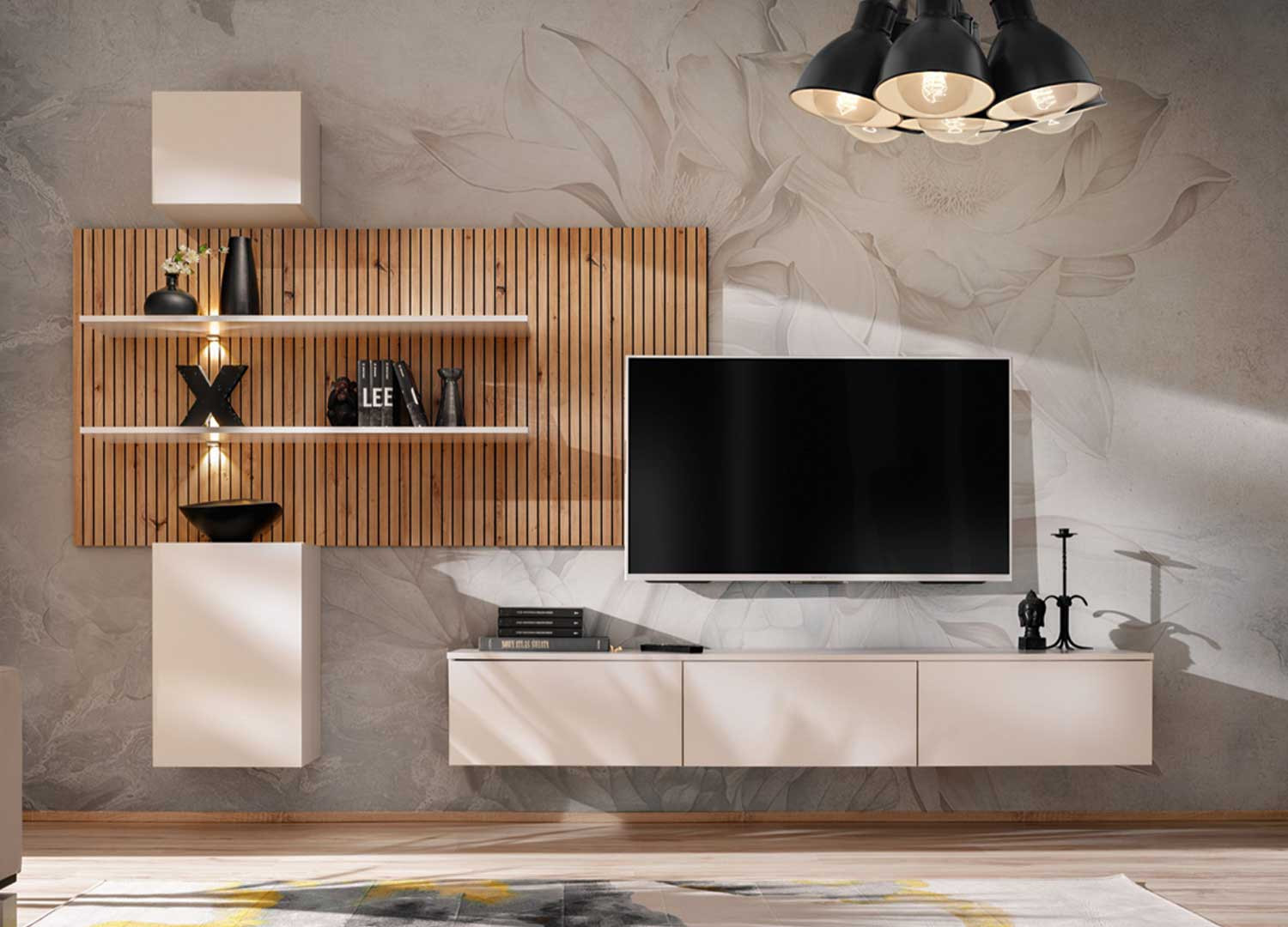 Ensemble TV suspendu design cachemire et chêne Gusto