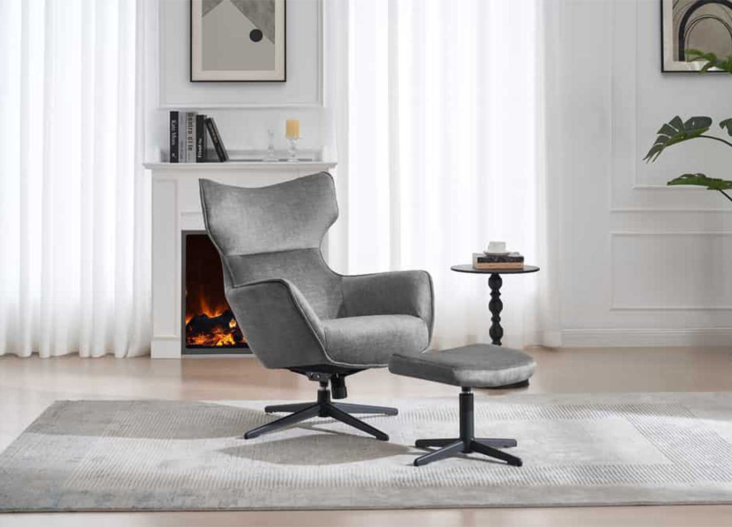 Fauteuil à oreilles pivotant moderne en velours gris Jade