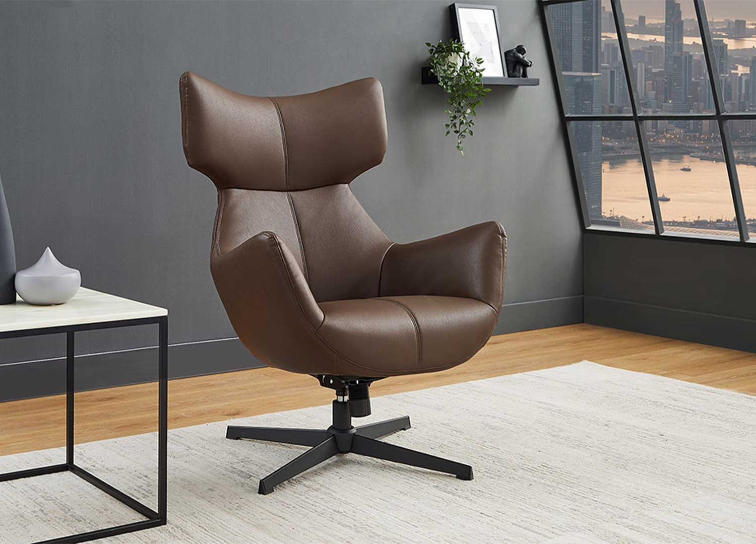 Fauteuil à oreilles pivotant simili cuir marron Jade