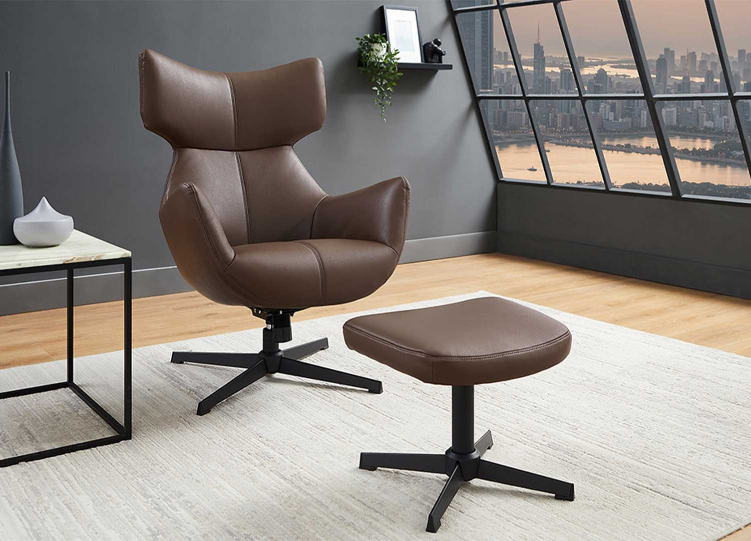Fauteuil à oreilles pivotant simili cuir marron Jade