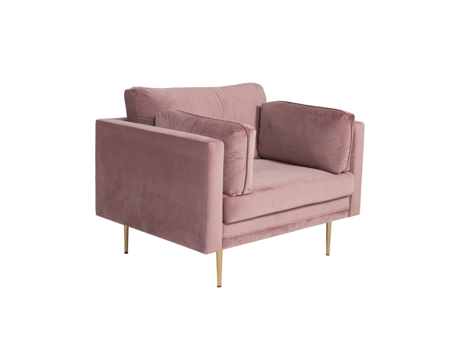 Fauteuil Boom en velours rose vu sous un autre angle
