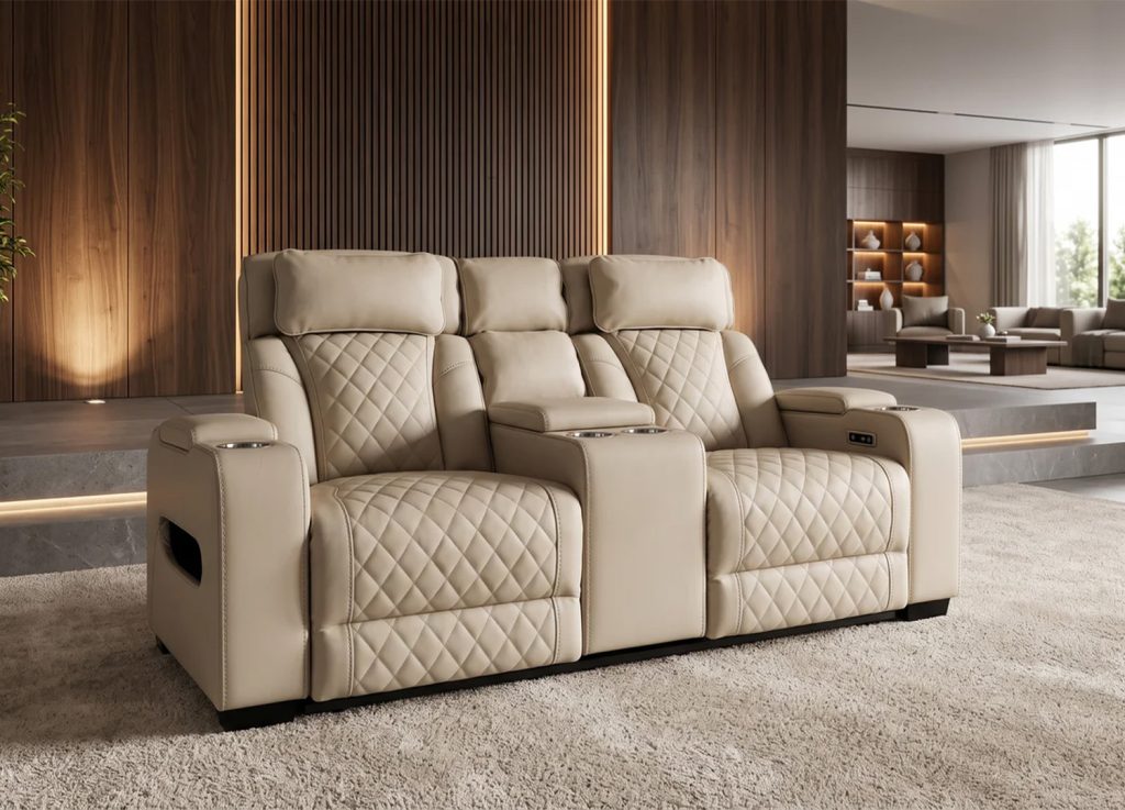 Fauteuil cinéma électrique Cinélio beige installé dans un salon moderne