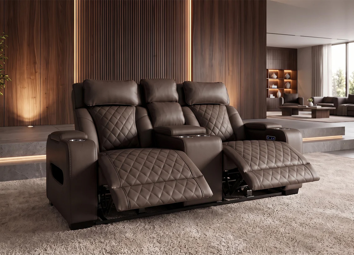 Fauteuil cinéma 2 places Cinélio marron dans un espace home cinéma
