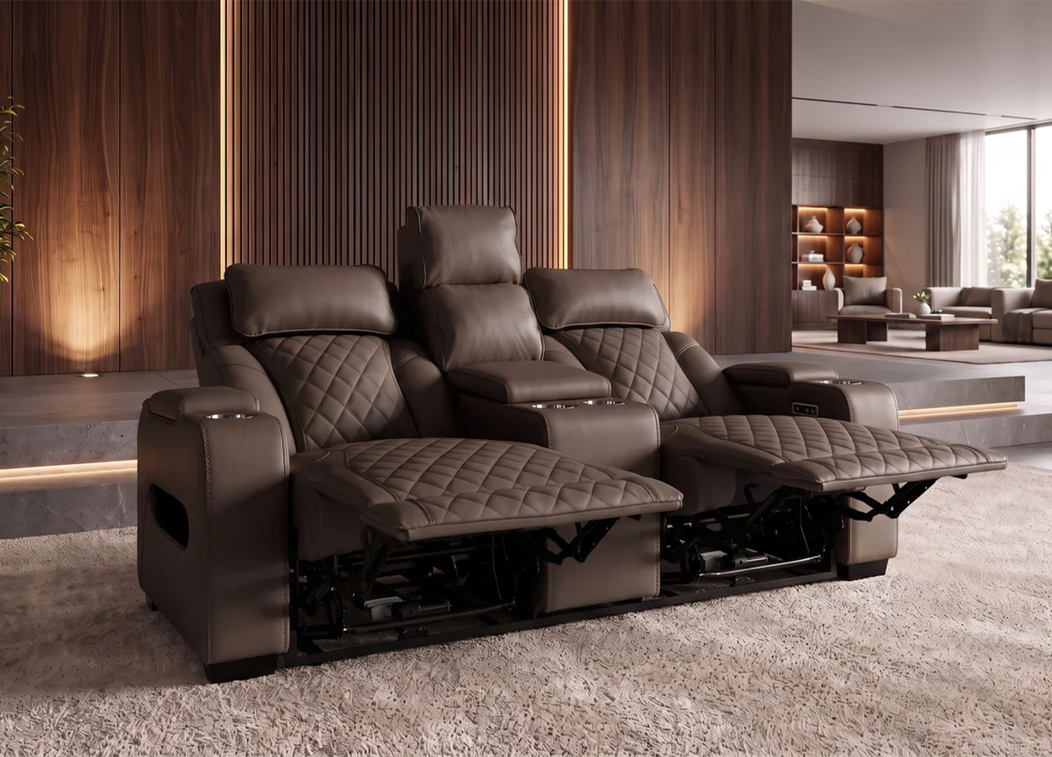 Fauteuil cinéma électrique Cinélio marron intégré dans un salon contemporain