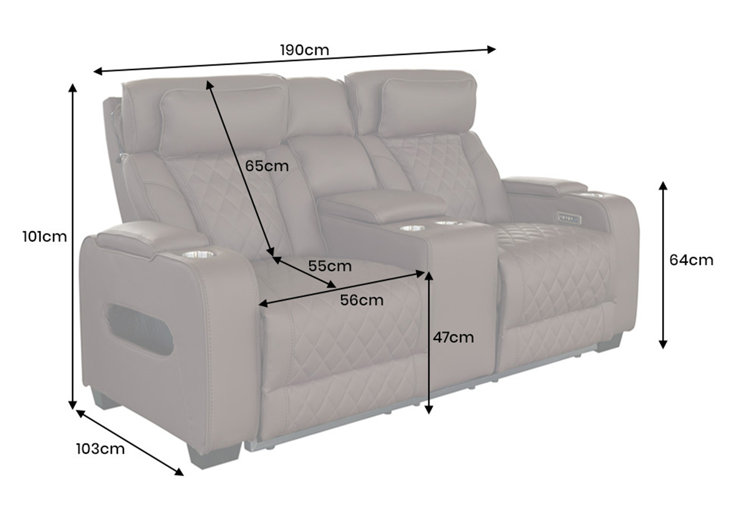 Dimensions du fauteuil cinéma électrique 2 places Cinélio marron de 190 cm