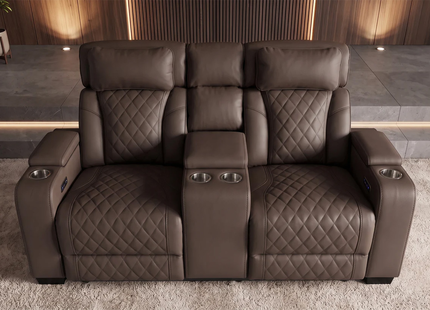 Fauteuil cinéma Cinélio marron avec quatre porte-gobelets métalliques - vue de haut
