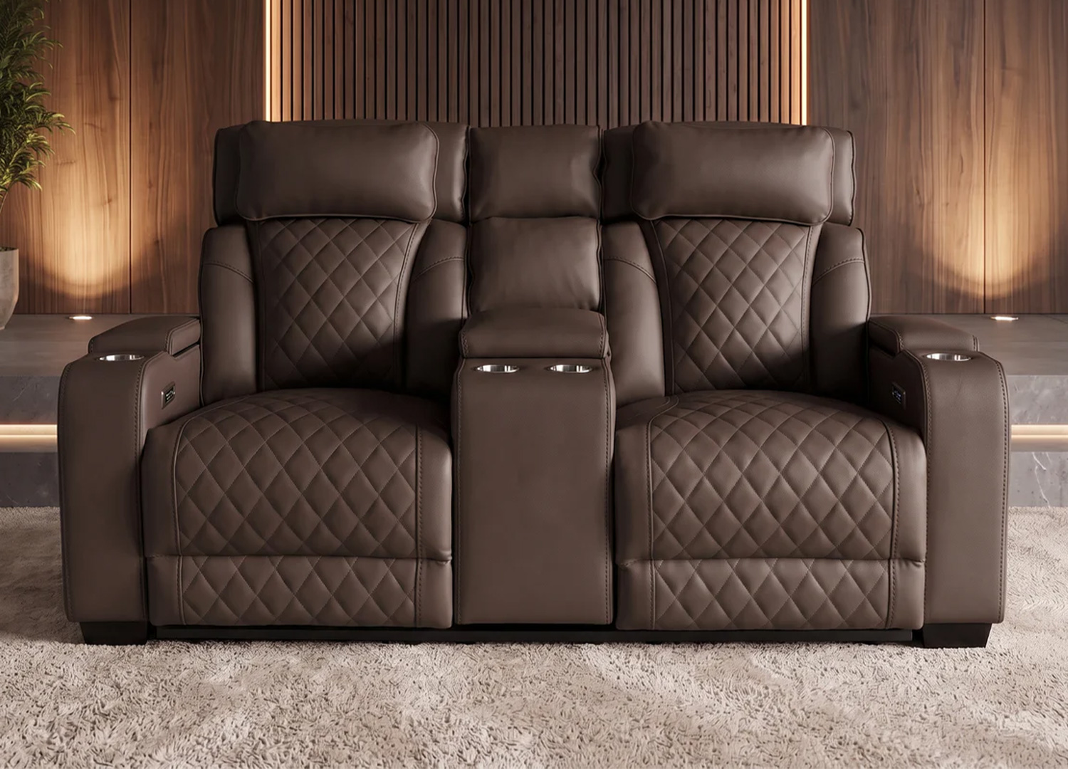 Fauteuil cinéma 2 places Cinélio marron avec assises électriques - vue de face