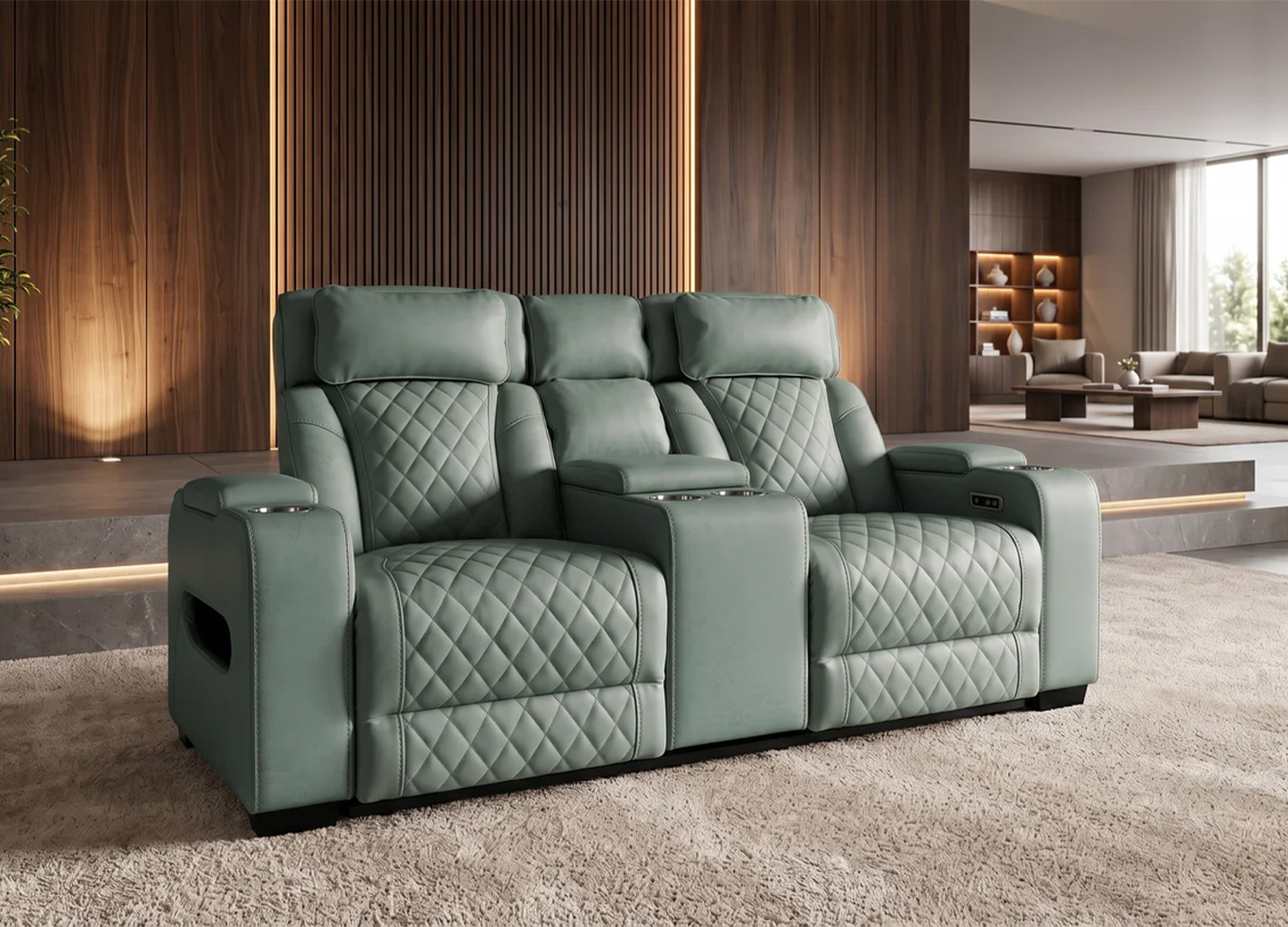 Fauteuil cinéma 2 places Cinélio vert sauge installé dans une pièce lumineuse