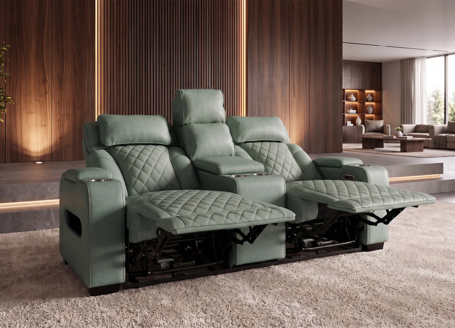 Fauteuil cinéma électrique Cinélio vert sauge dans un salon scandinave