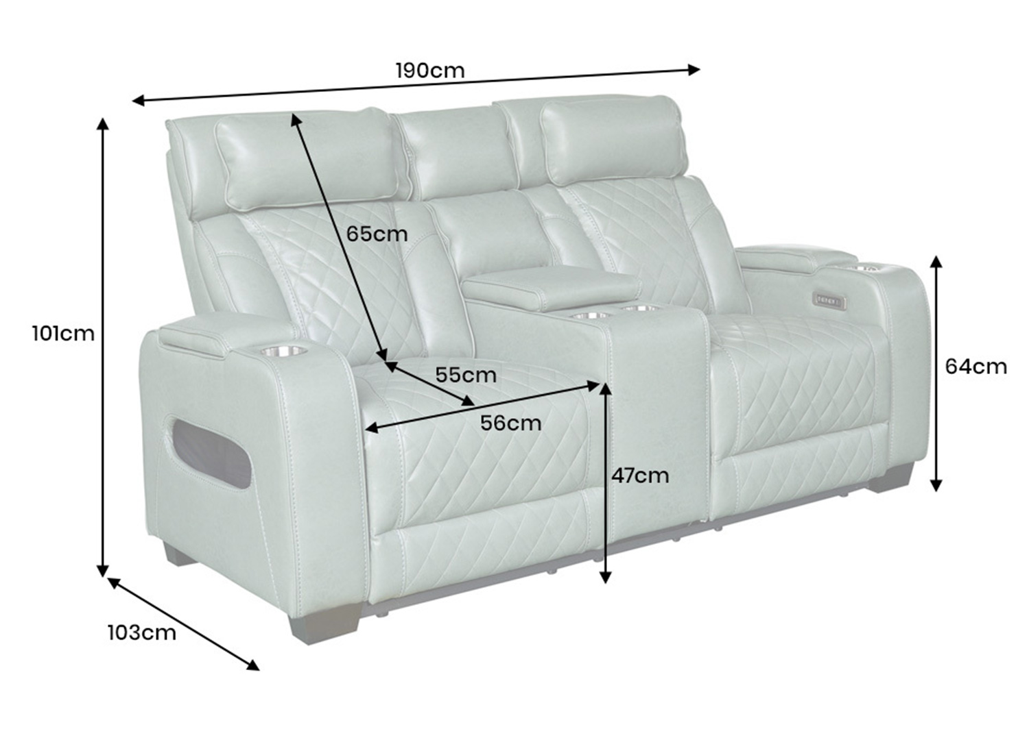Dimensions du fauteuil cinéma électrique 2 places Cinélio vert sauge de 190 cm