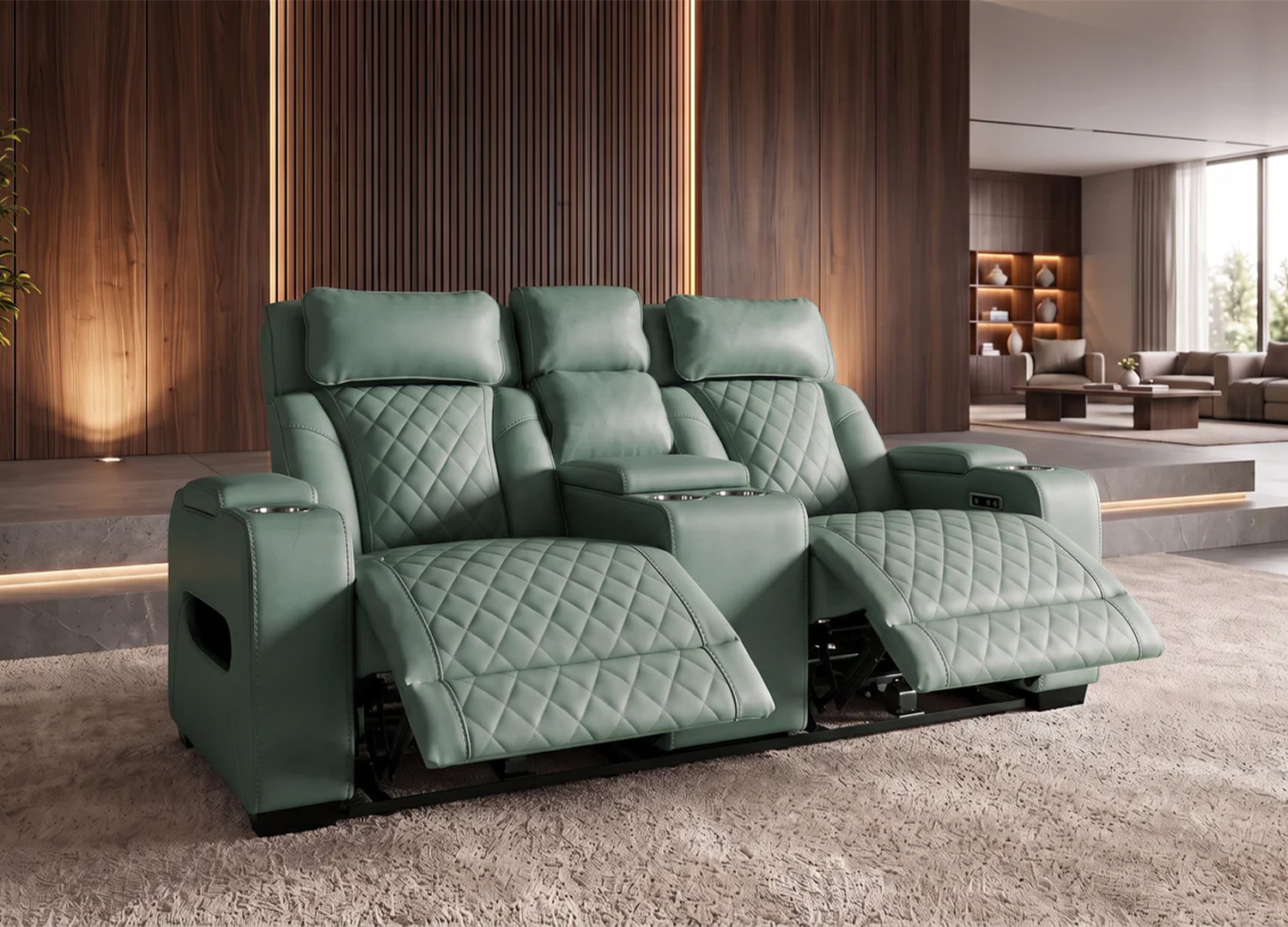 Fauteuil cinéma double Cinélio vert sauge avec deux assises inclinables