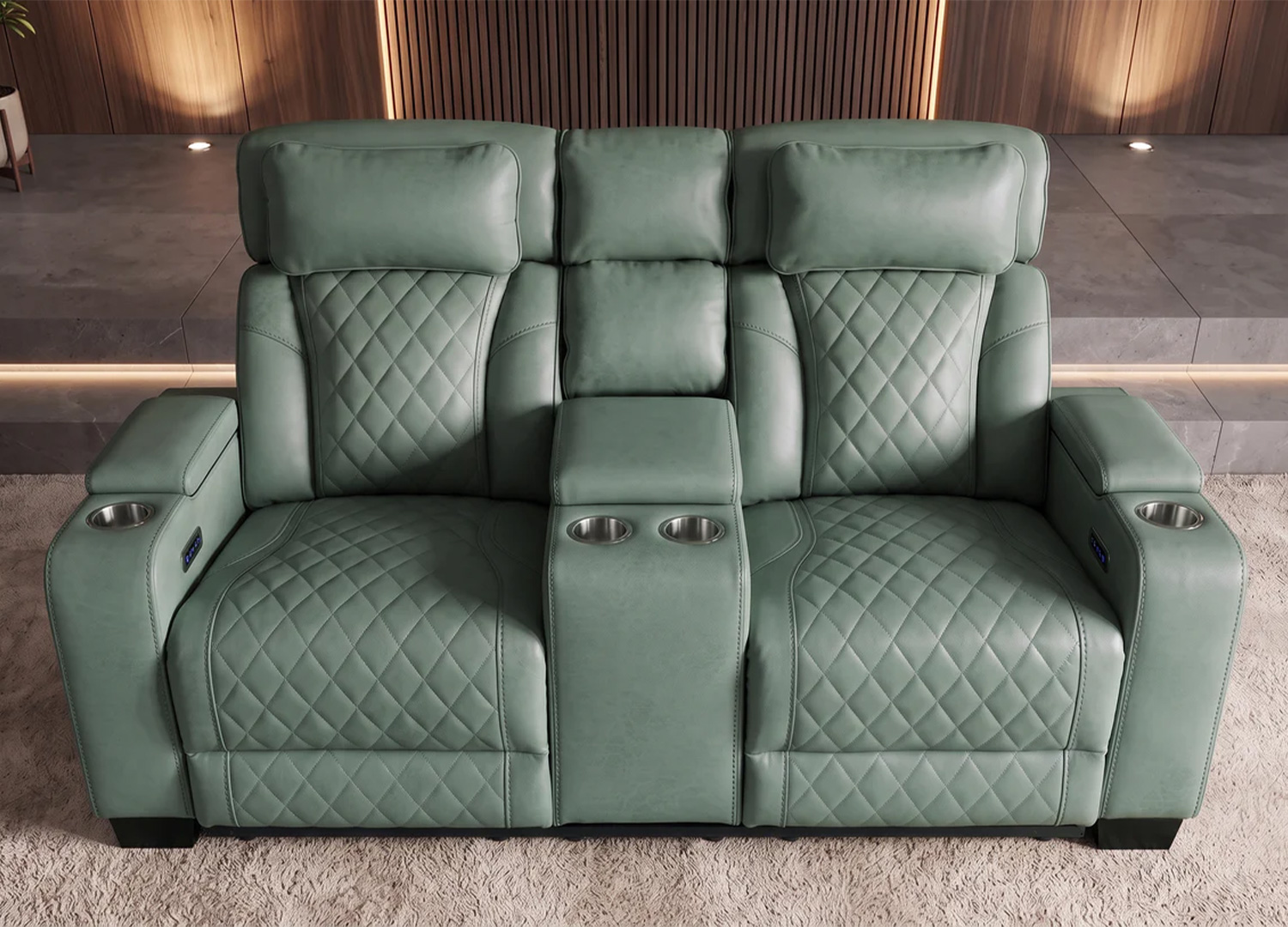 Fauteuil cinéma Cinélio vert sauge avec quatre porte-gobelets métalliques - vue de haut