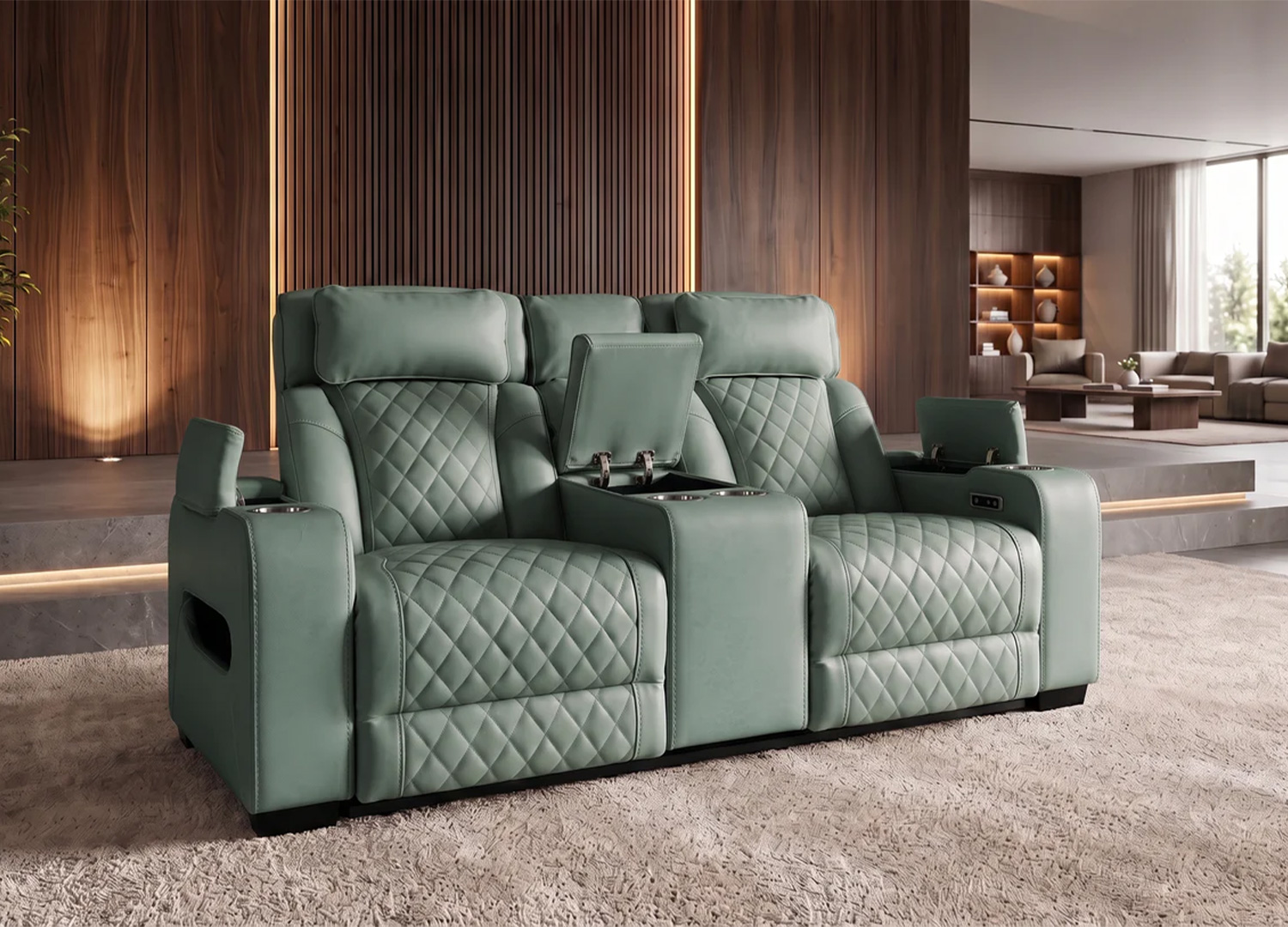 Compartiment de rangement dans l’accoudoir du fauteuil cinéma Cinélio vert sauge