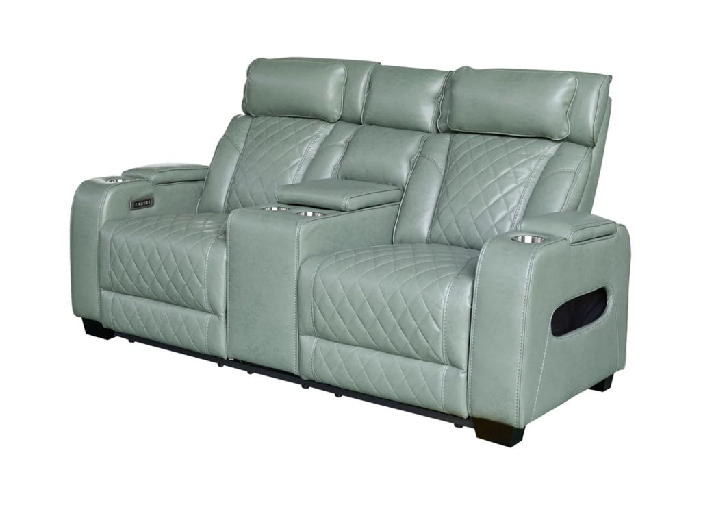 Fauteuil cinéma électrique 2 places Cinélio en similicuir vert sauge sur fond blanc