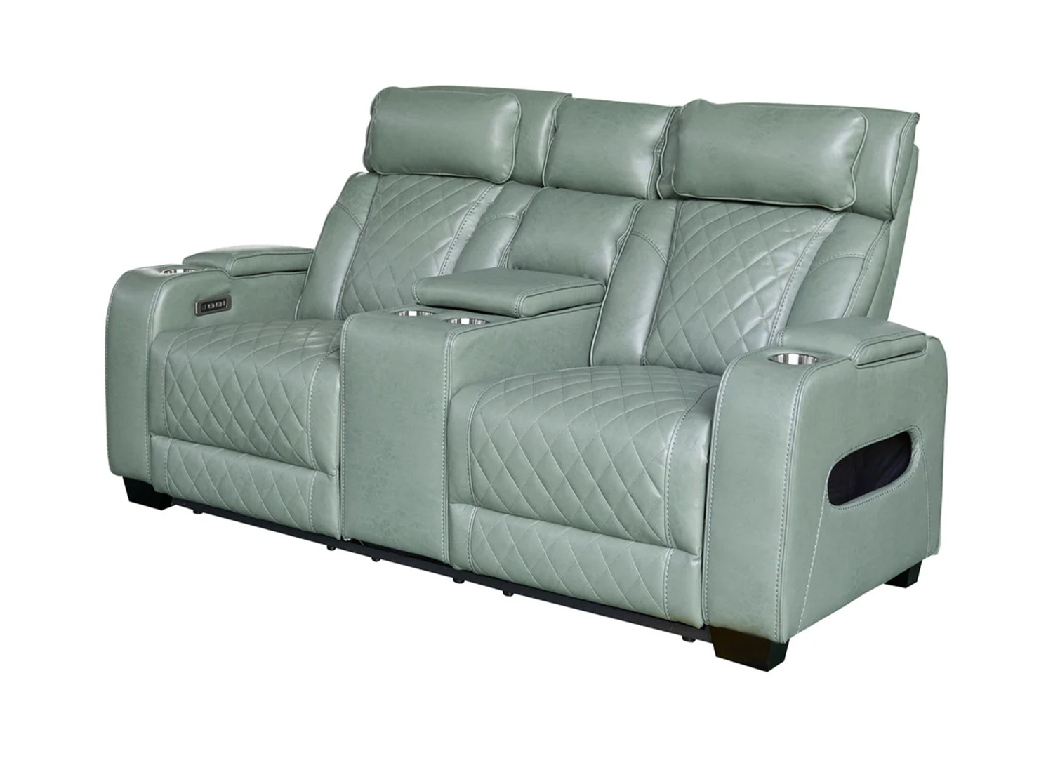 Fauteuil cinéma électrique 2 places Cinélio en similicuir vert sauge sur fond blanc