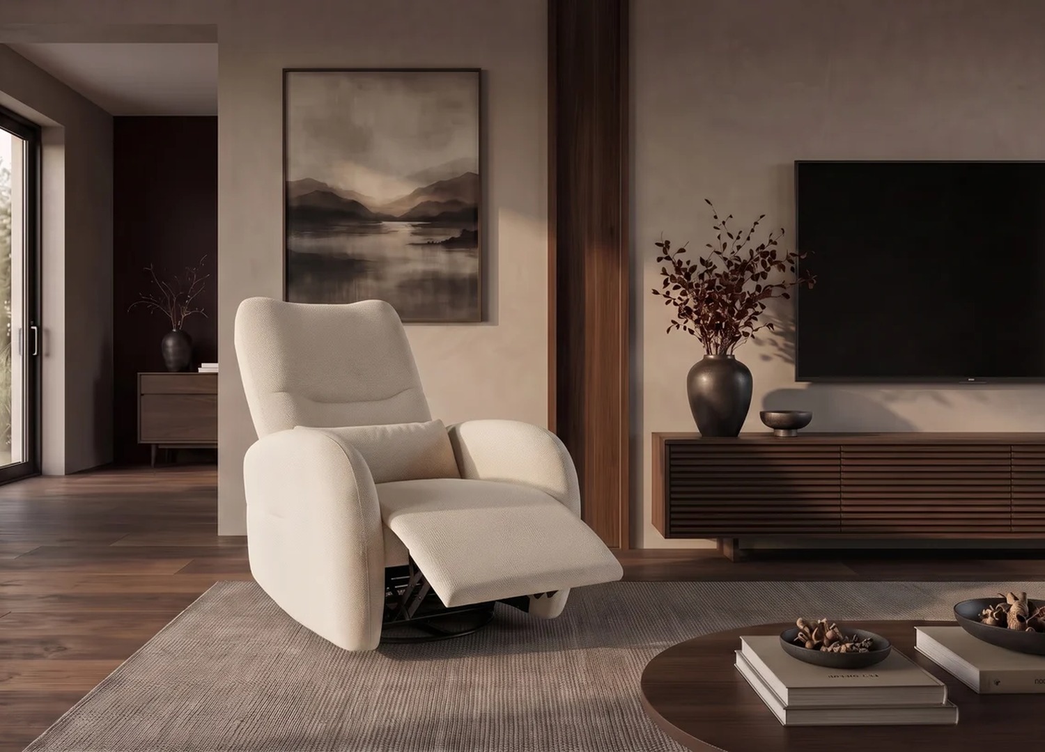 Fauteuil cinéma Vélyos beige avec repose-jambes électrique déployé