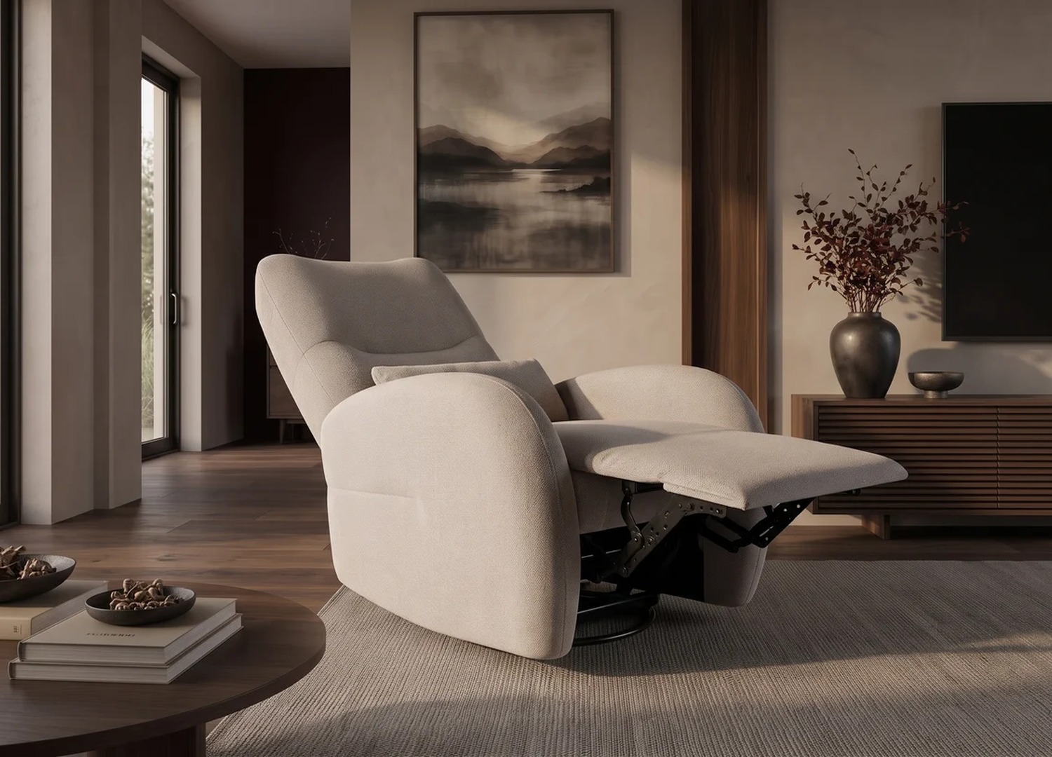Fauteuil cinéma Vélyos greige en position relax vu de profil