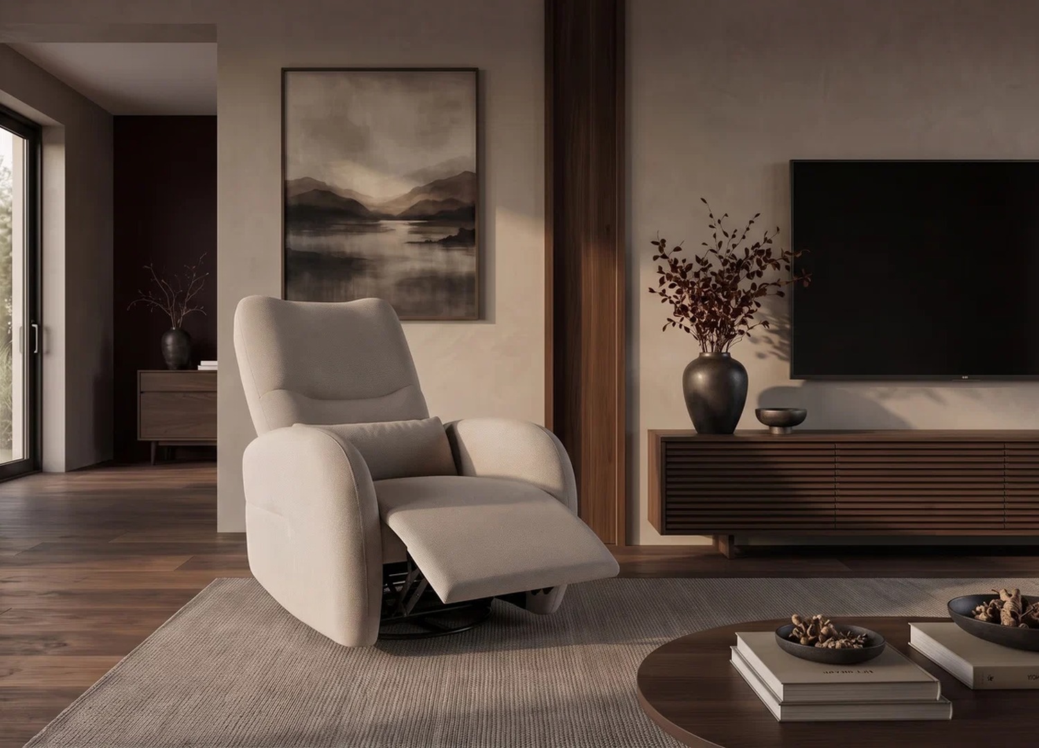 Fauteuil cinéma Vélyos greige avec repose-jambes électrique déployé
