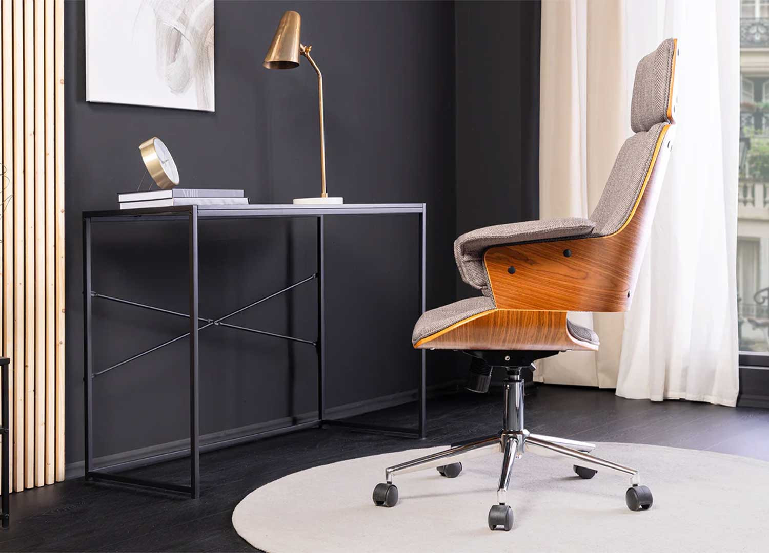 Fauteuil de bureau tissu gris et noyer Oliver