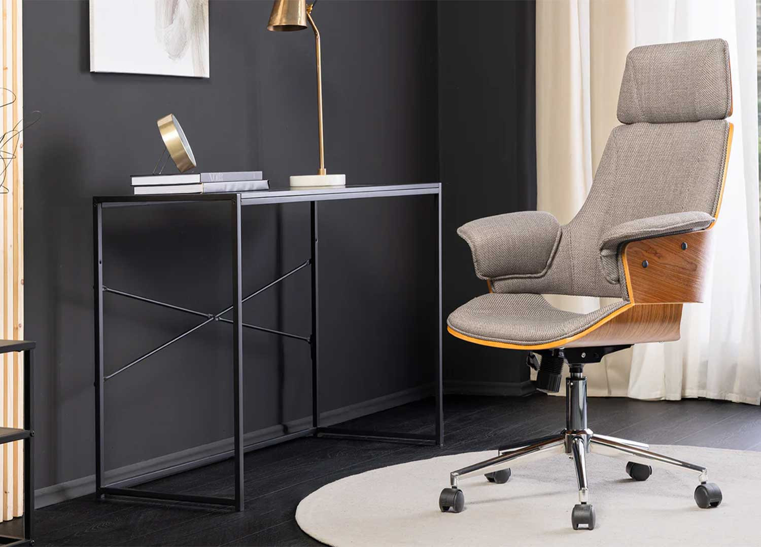 Fauteuil de bureau tissu gris et noyer Oliver