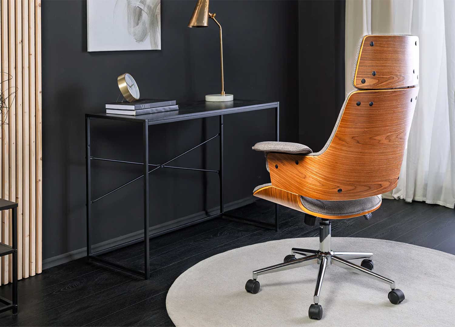 Fauteuil de bureau tissu gris et noyer Oliver