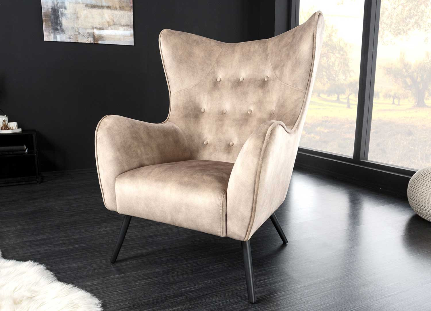 Fauteuil design velours champagne style rétro