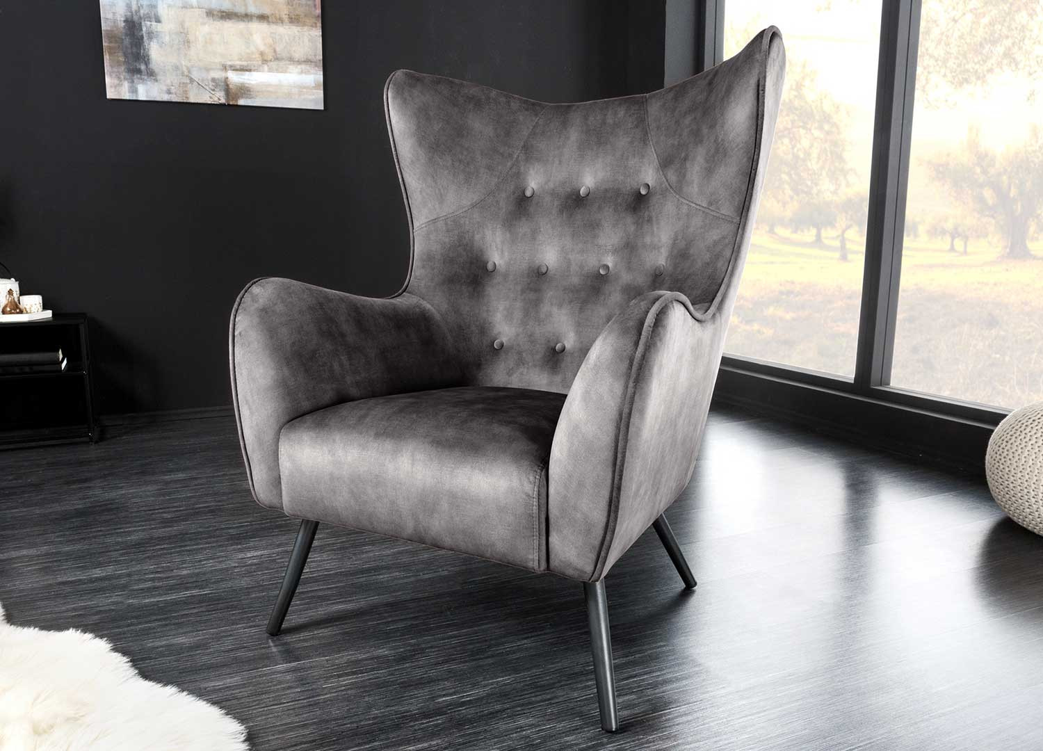 Fauteuil design velours gris style rétro