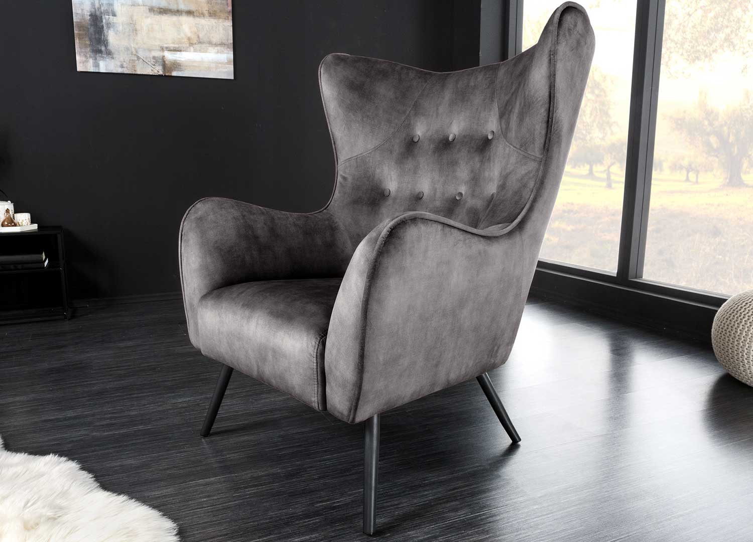 Fauteuil design velours gris style rétro