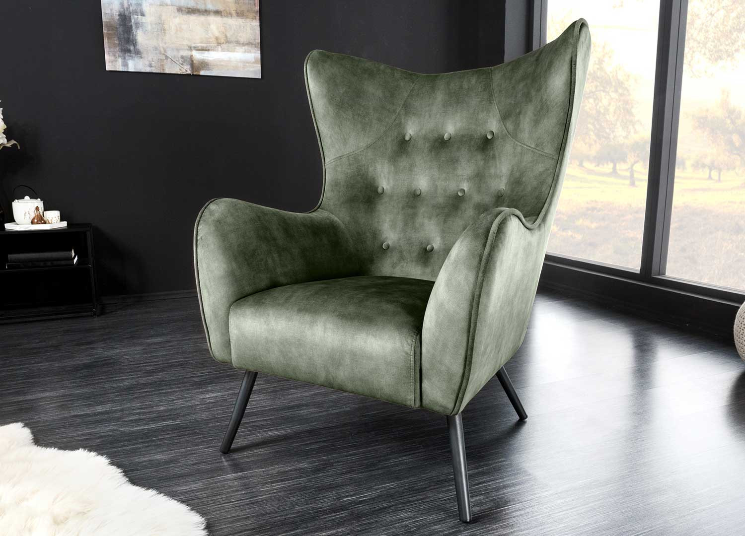 Fauteuil design velours vert style rétro