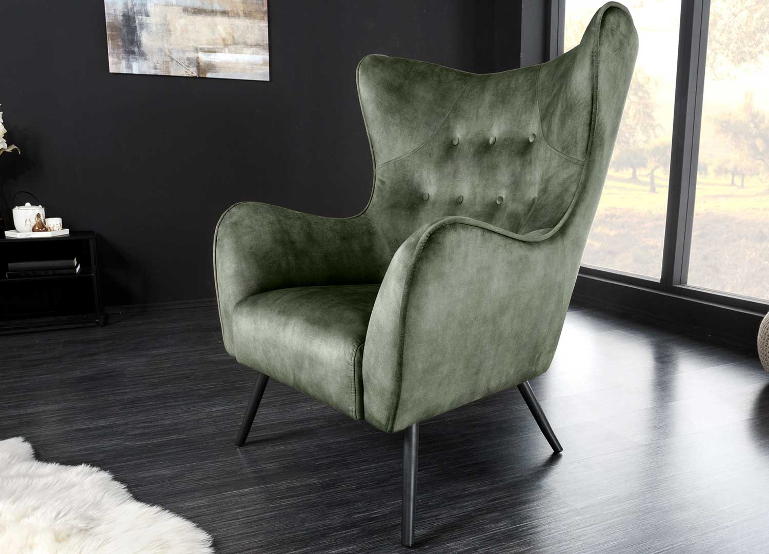 Fauteuil design velours vert style rétro