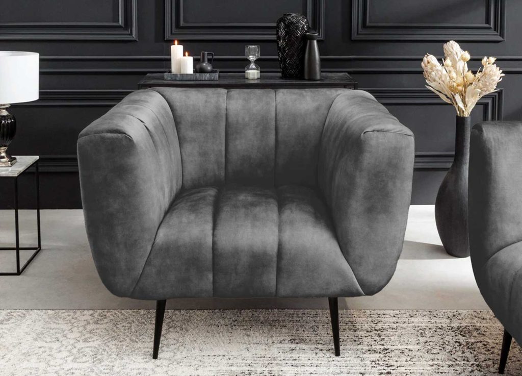 Fauteuil en velours gris et métal noir Empire