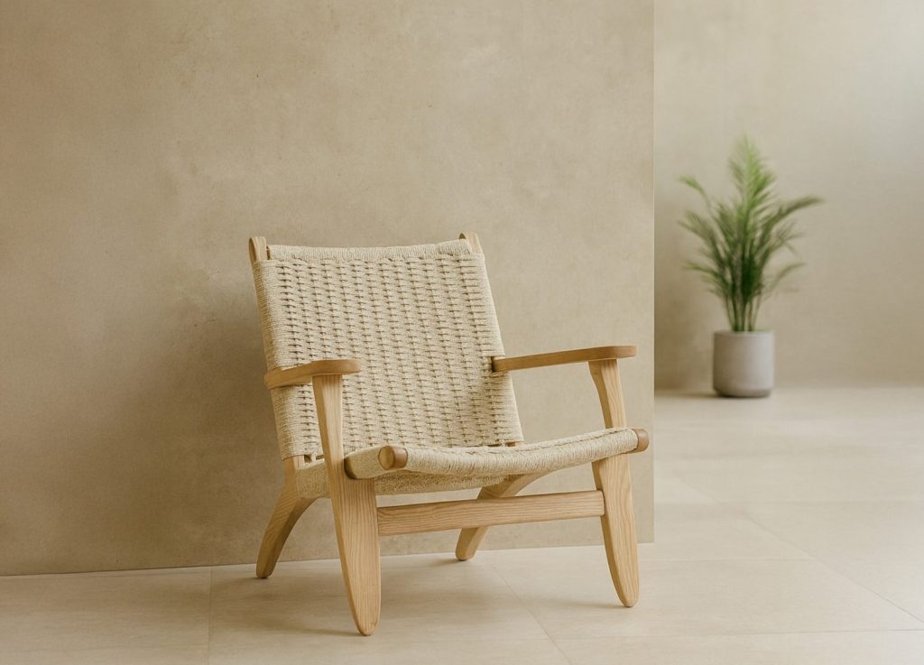 Fauteuil Lazy en corde tressée blanchi mis en scène dans un salon