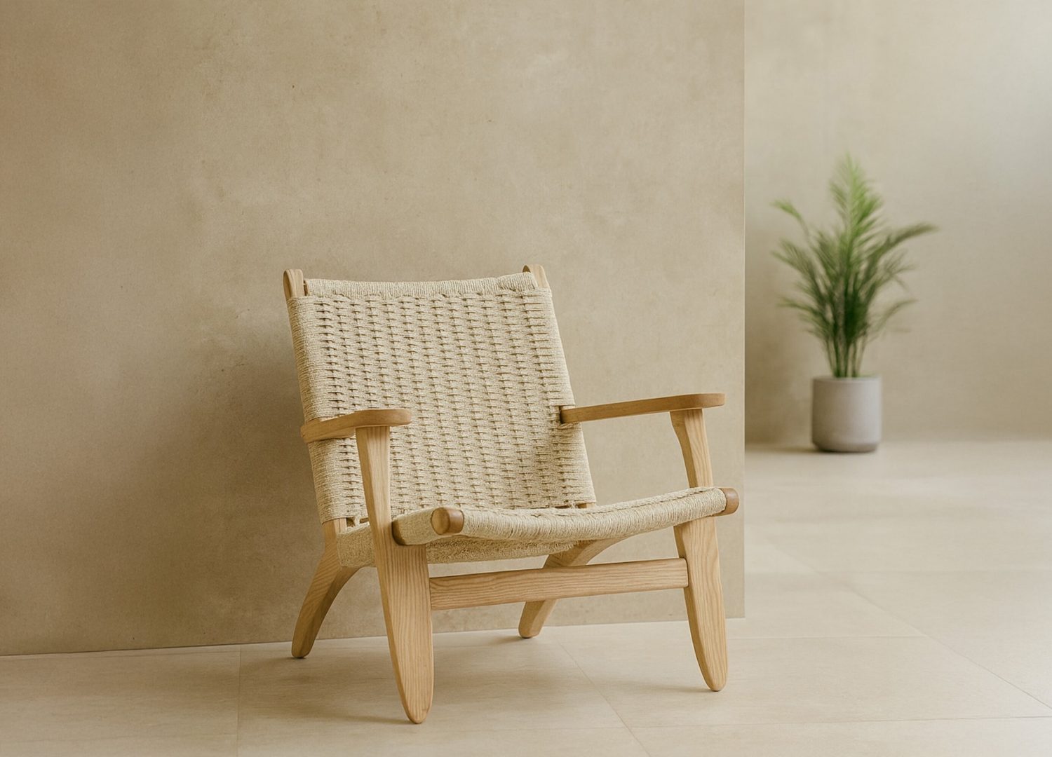 Fauteuil Lazy en corde tressée blanchi mis en scène dans un salon