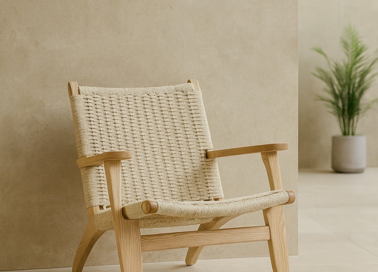 Fauteuil Lazy en corde tressée blanchi mis en scène dans un salon