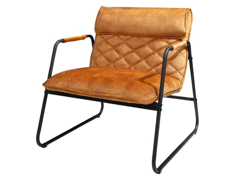 Fauteuil lounge en velours jaune moutarde