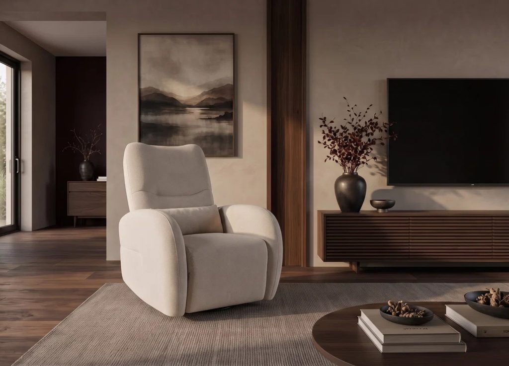 Fauteuil relax électrique Vélyos beige dans un salon contemporain