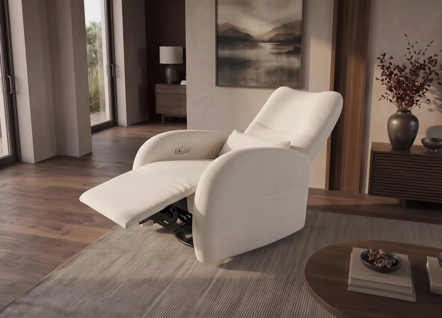 Fauteuil relax électrique Vélyos beige en position allongée